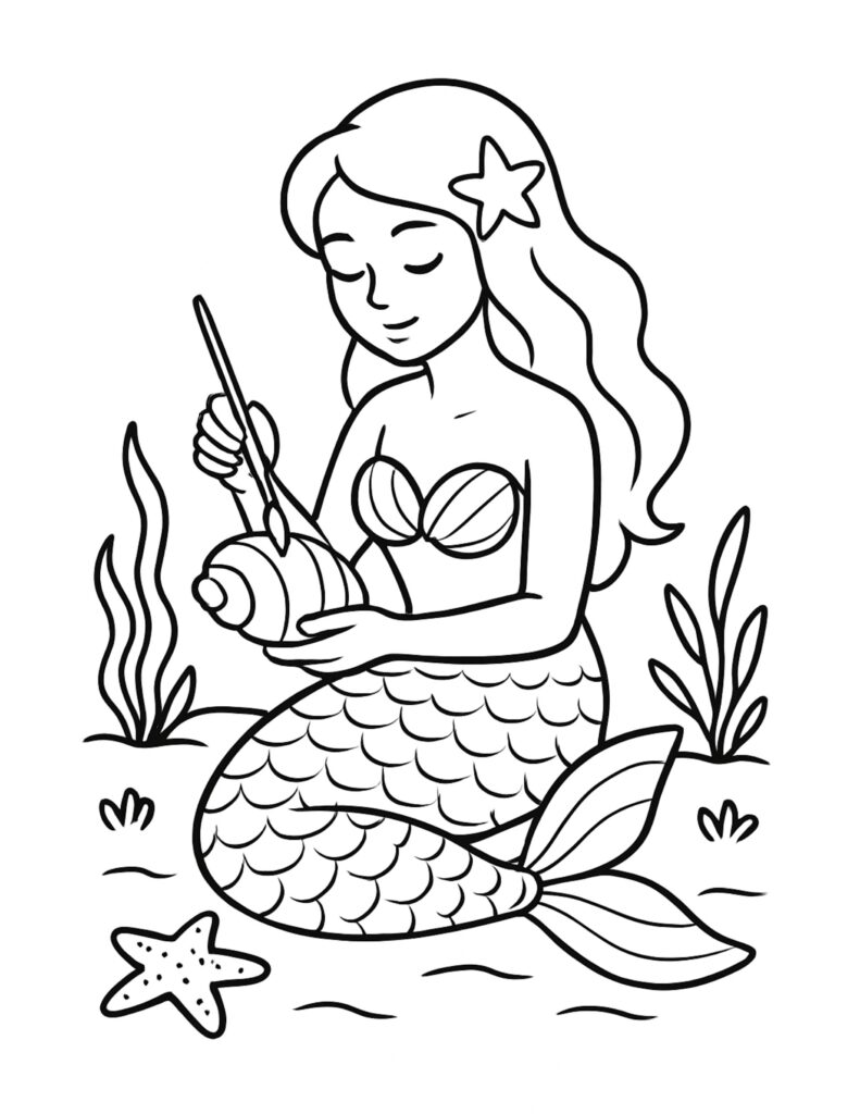 mermaid painting seashell underwater coloring page with a brush, starfish, and seaweed