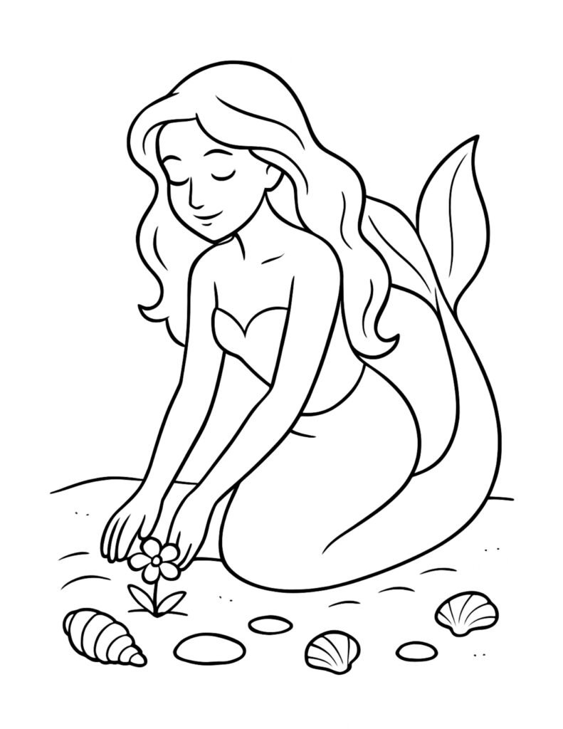 mermaid planting a flower on the beach coloring page with seashells and pebbles