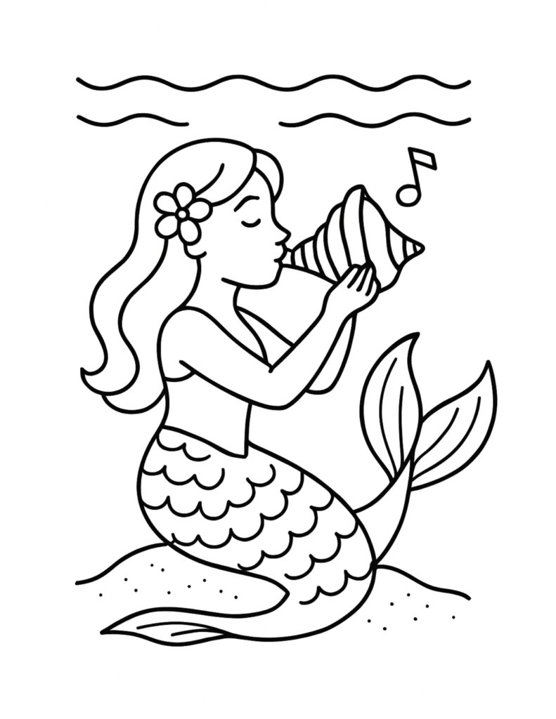 mermaid playing conch shell coloring page with musical note, gentle waves, and flower hair coloring page