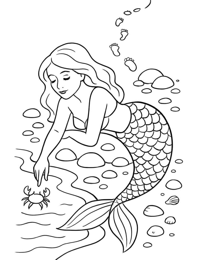 mermaid reaching for a crab coloring page by the rocky shoreline with shells and footprints