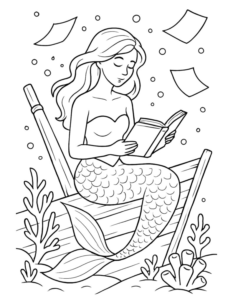 mermaid reading a book coloring page with bubbles, floating pages, seaweed, and shipwreck boards