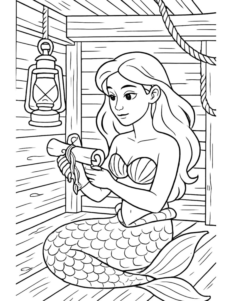mermaid reading scroll cabin coloring page with hanging lantern, ropes, and wooden planks coloring page