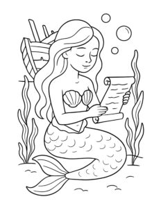 mermaid reading scroll underwater coloring page featuring bubbles, seaweed, and a shipwreck