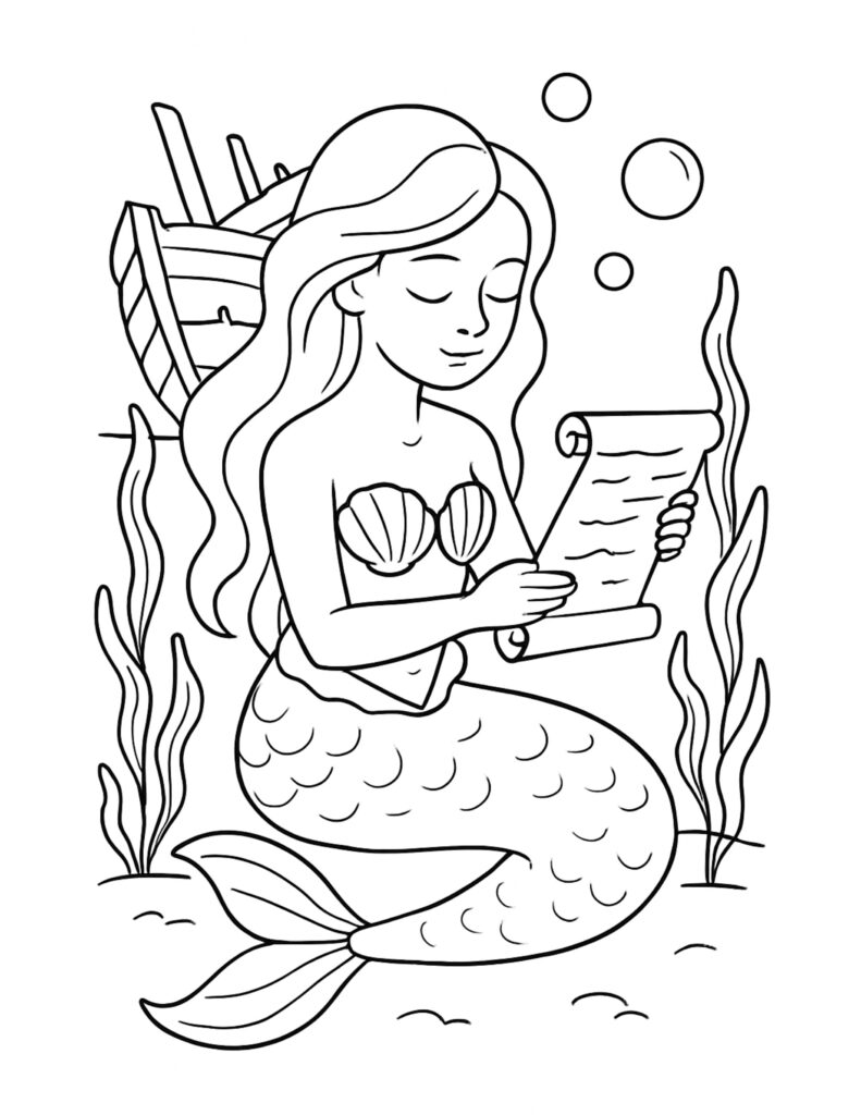 mermaid reading scroll underwater coloring page featuring bubbles, seaweed, and a shipwreck