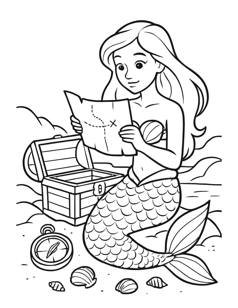 mermaid reading treasure map coloring page with open treasure chest, compass, and seashells, line art coloring page