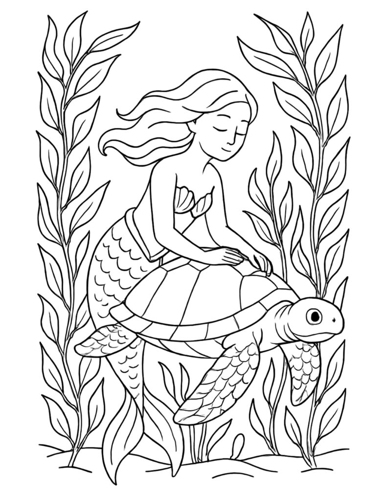 mermaid riding a sea turtle coloring page with tall seaweed and a friendly turtle companion coloring page