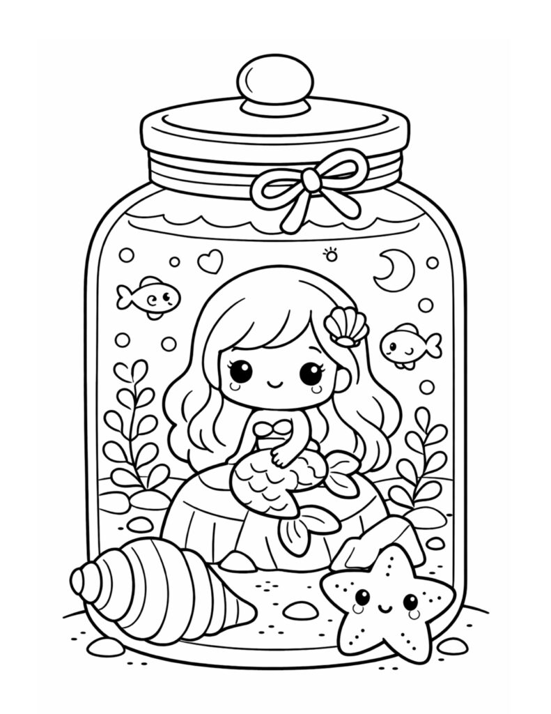 mermaid sitting in jar coloring page with tiny fish, moon, shells, and smiling starfish coloring page