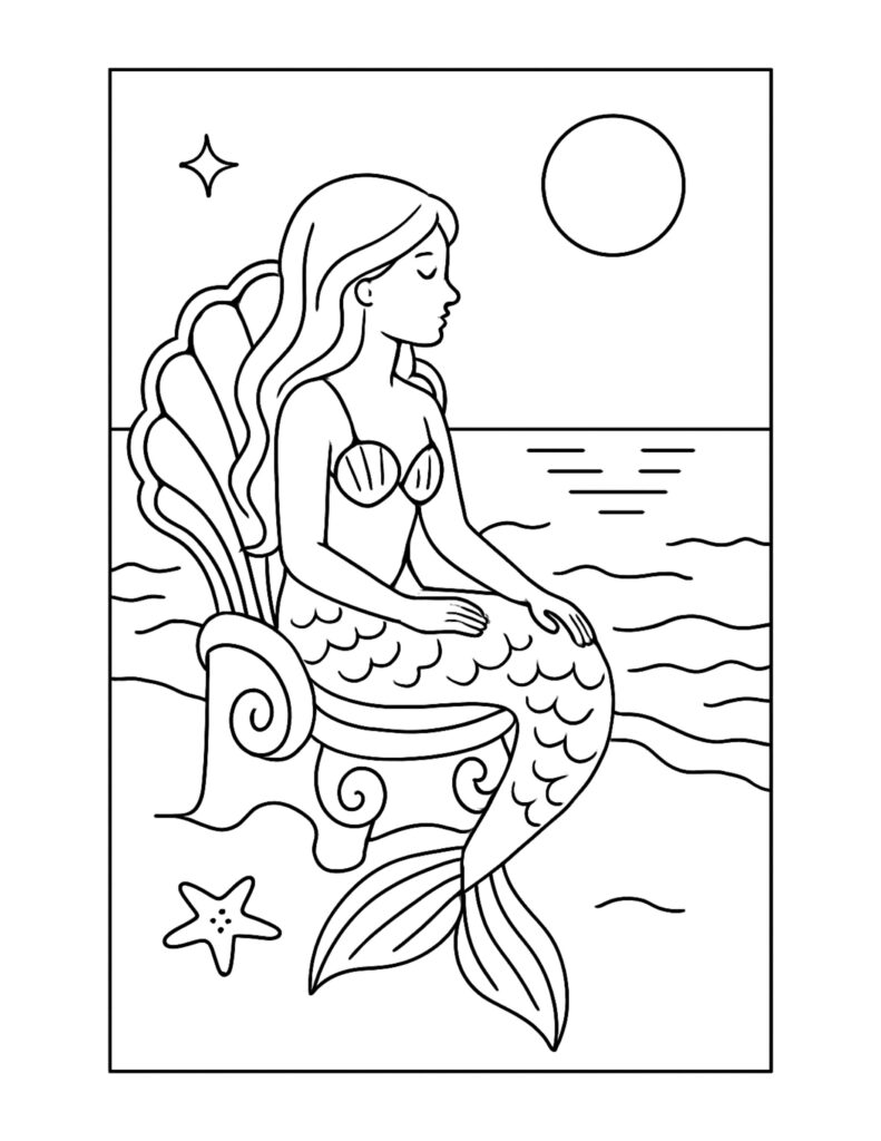 mermaid sitting on shell throne coloring page with ocean waves, sun, starfish, and a seashell chair coloring page