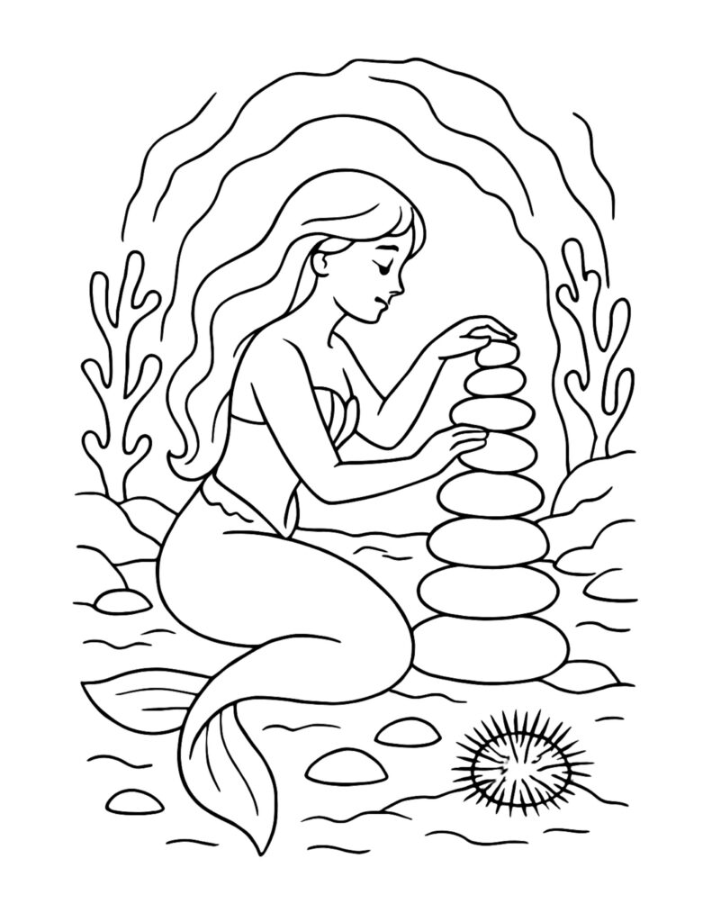 mermaid stacking stones underwater coloring page with a smooth rock tower, sea plants, and a sea urchin coloring page