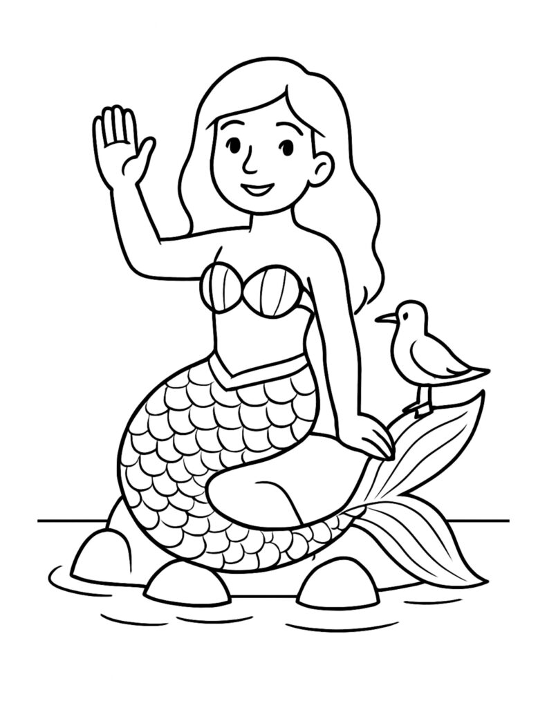 mermaid waving on rock coloring page, smiling mermaid waving while a small seabird sits on her tail coloring page