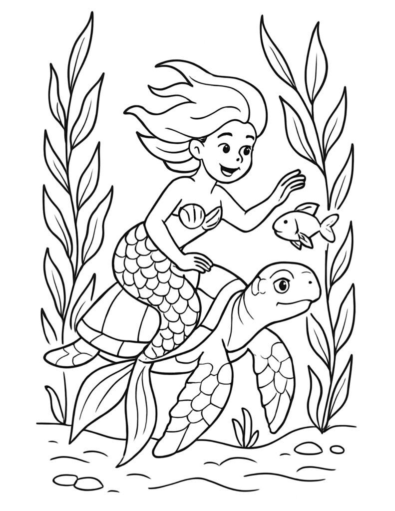 mermaid waving on sea turtle coloring page with tall seaweed and a little fish, coloring page