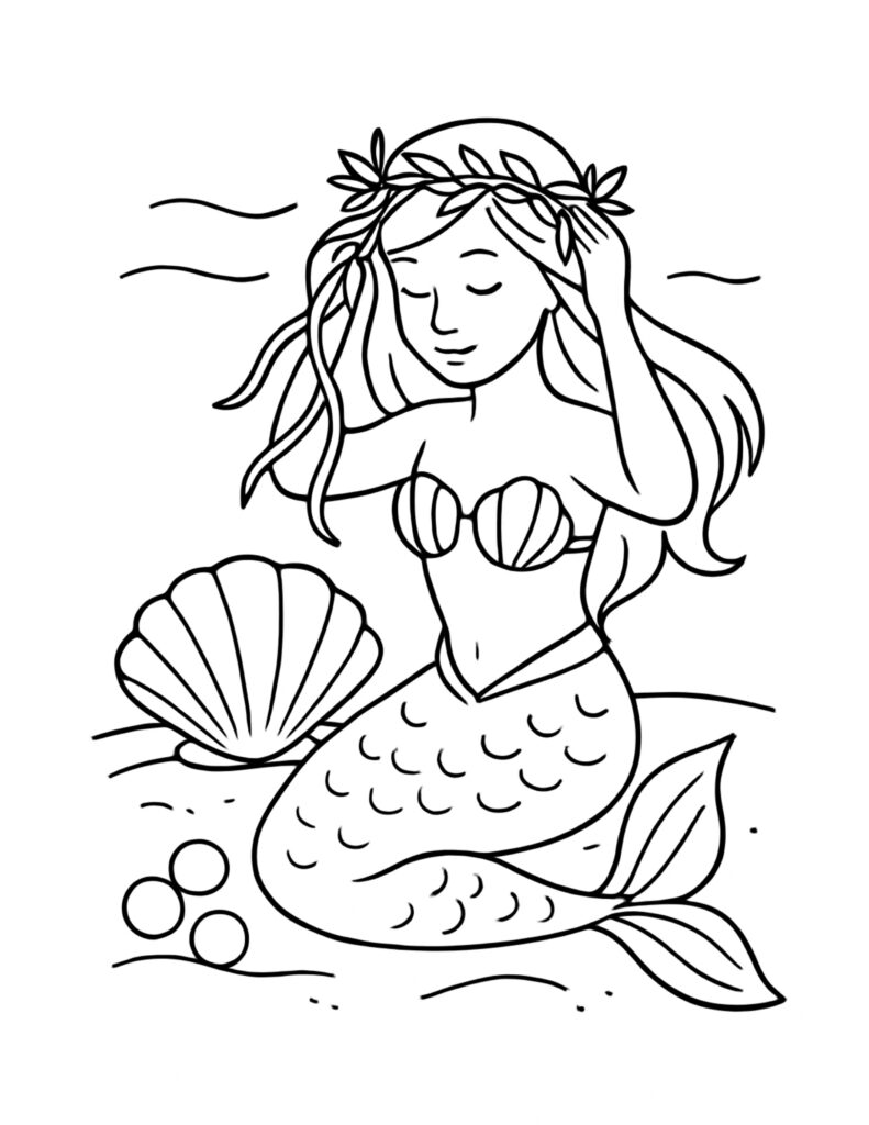 mermaid wearing seaweed crown coloring page with a big seashell, bubbles, and a calm underwater pose coloring page