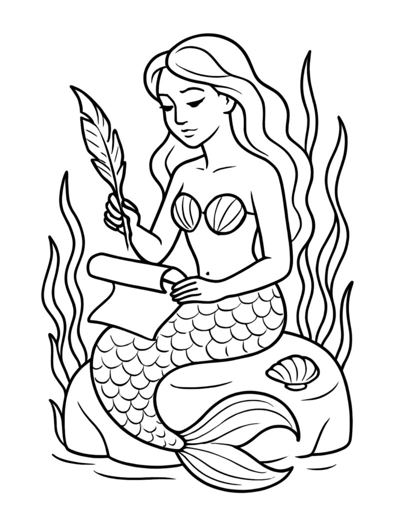mermaid writing with feather quill coloring page showing a mermaid writing on a scroll with seaweed, coloring page