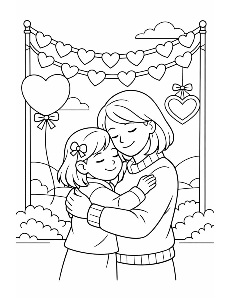 mom hugging daughter heart garland coloring page with heart banners, heart balloon, and a cozy hug, coloring page