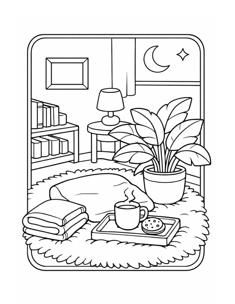 moonlit cozy reading nook tray coloring page with a fluffy rug, floor cushion, bookshelves, lamp, plant, and cookie coloring page