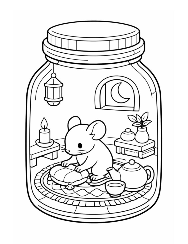 mouse kneading cushion at tea coloring page, cozy jar room with teapot, candle, lantern, and crescent moon