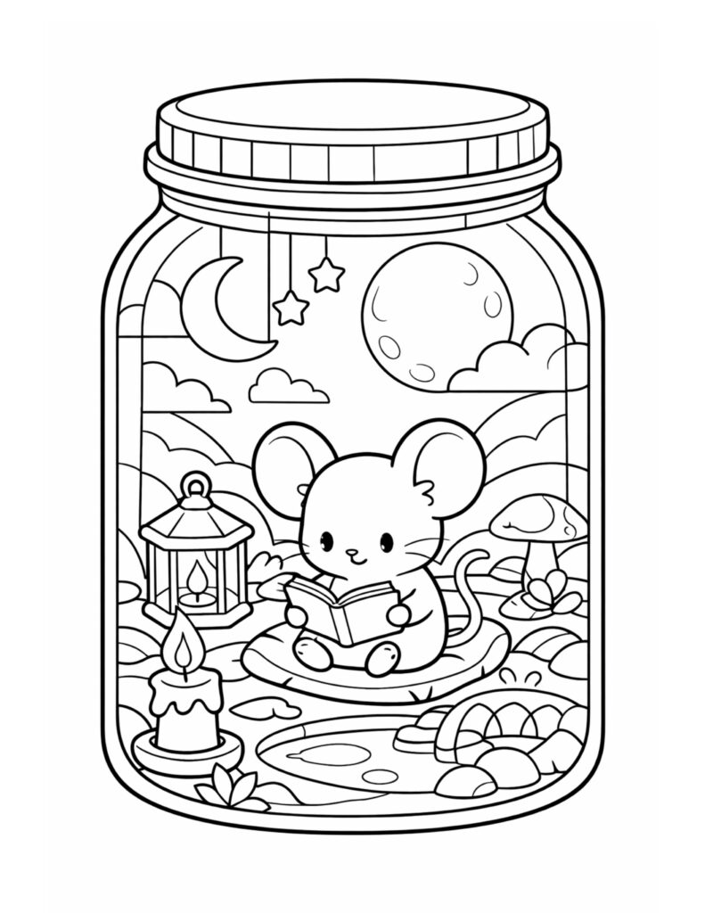 mouse reading in a jar coloring page with moon stars lantern and candle inside a jar, cozy scene coloring page