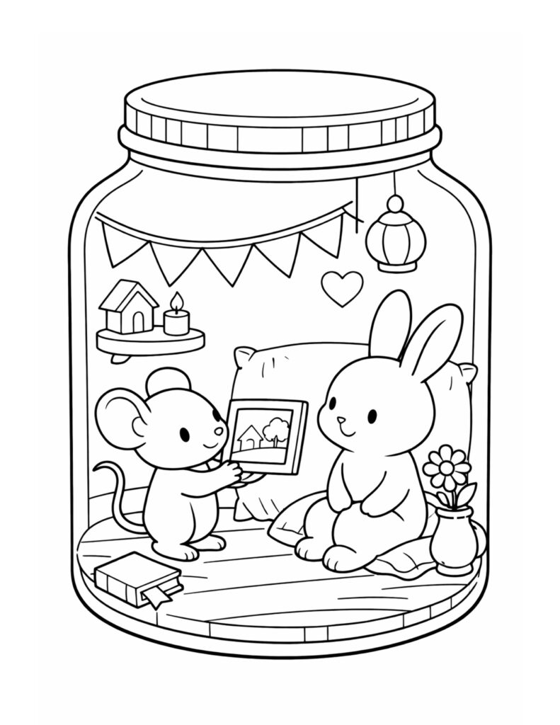 mouse showing picture to bunny coloring page, cute mouse sharing a framed drawing with a bunny inside a jar coloring page