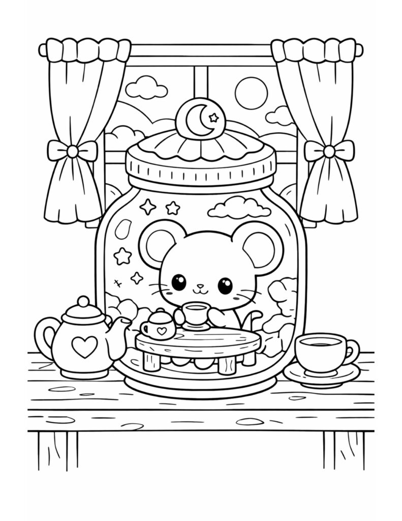 mouse tea party in jar coloring page with teapot, curtains, and moon window scene coloring page