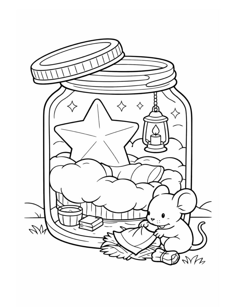mouse tucking blanket by jar coloring page with open lid, star pillow, clouds, and hanging lantern coloring page