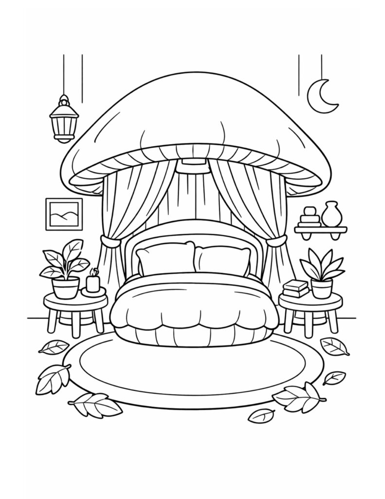mushroom canopy bed at night coloring page with curtains, plants, lantern, and moon coloring page