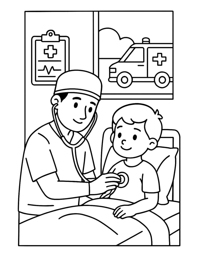 nurse checking child heartbeat coloring page with a nurse using a stethoscope and a child in bed coloring page