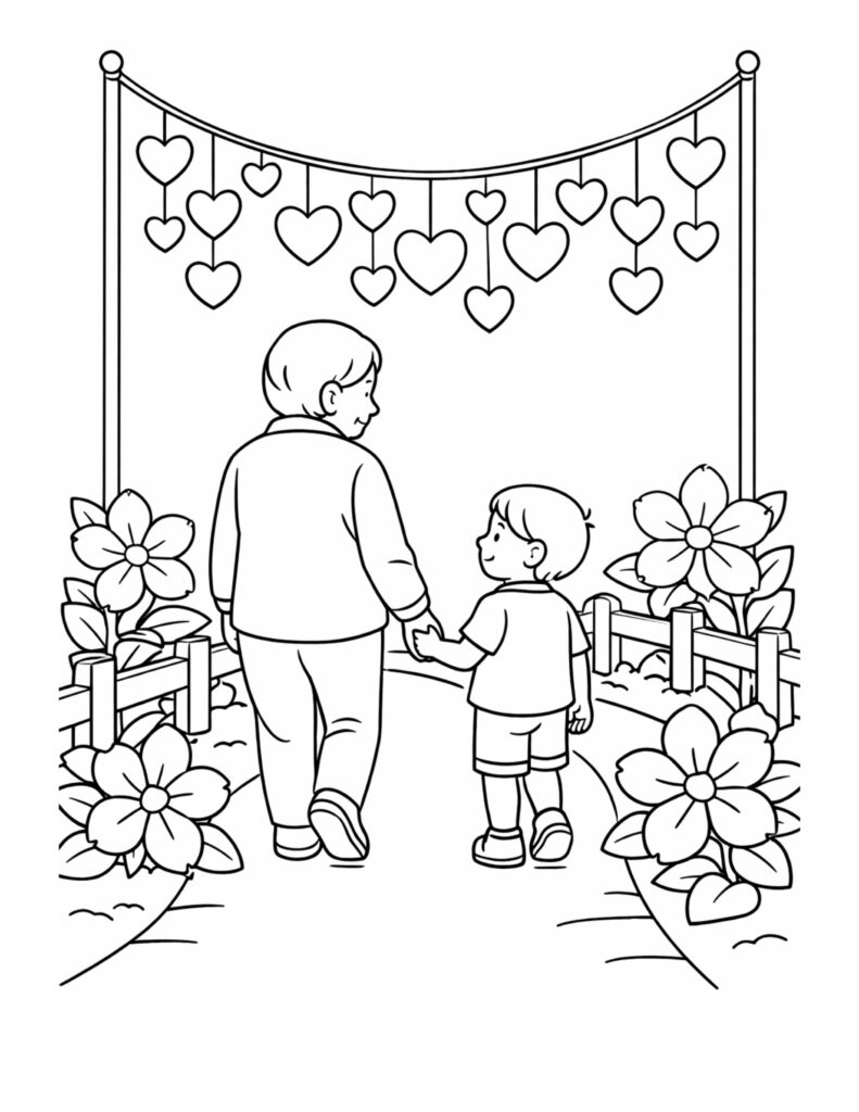 parent and child under hearts coloring page with a garden path, hanging heart garland, and big flowers coloring page