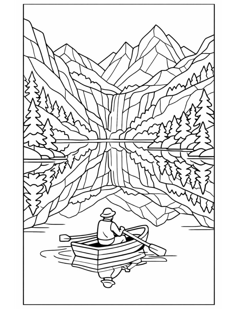 person rowing mountain lake waterfall coloring page with a small rowboat, pine trees, and mirrored lake reflections