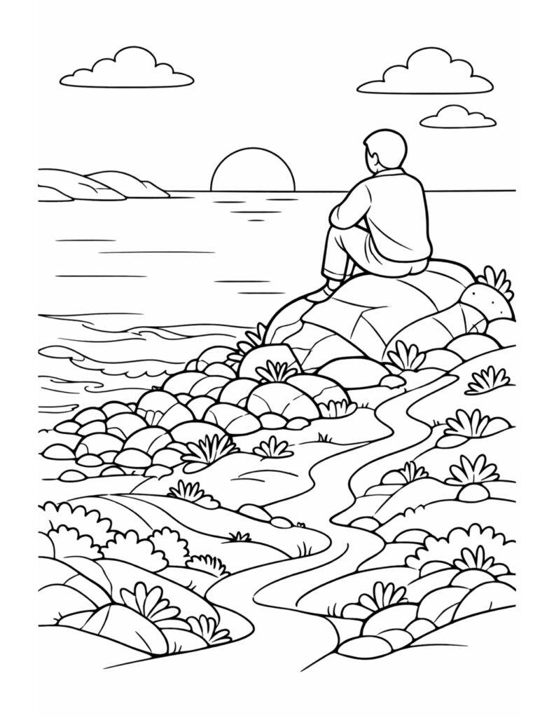 person sitting on seaside rock coloring page, sunset over calm ocean with rocky shore and winding path, coloring page