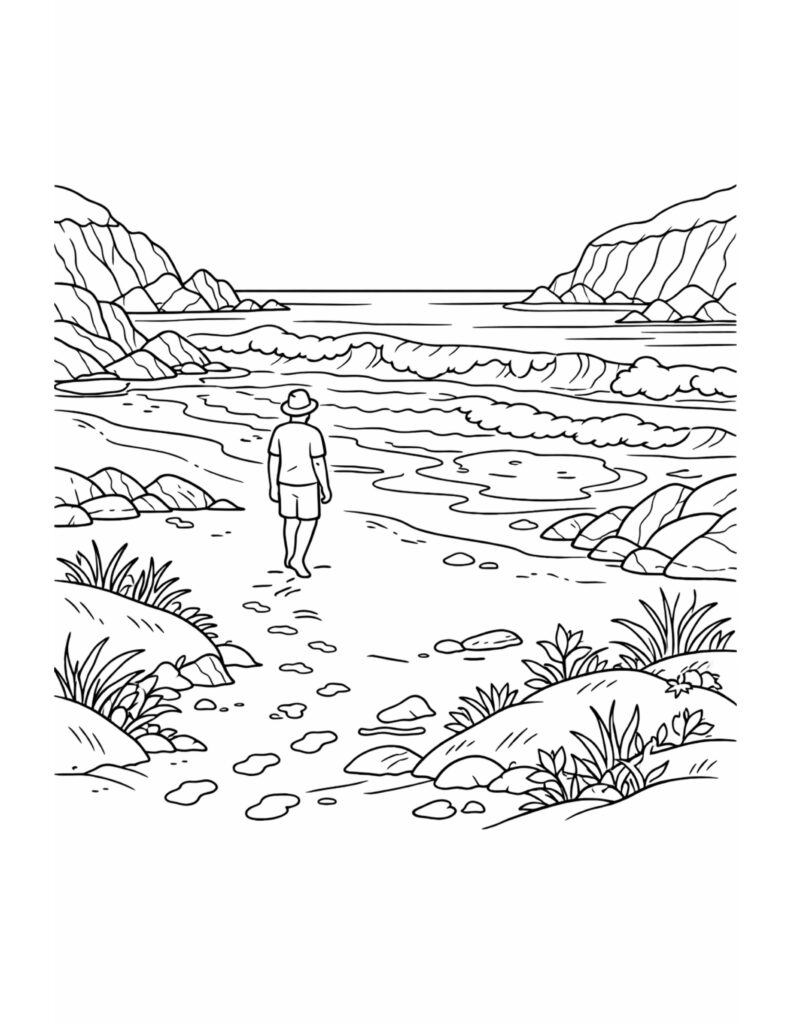 person walking along rocky beach coloring page with footprints in sand, rolling waves, and cliff coastline coloring page