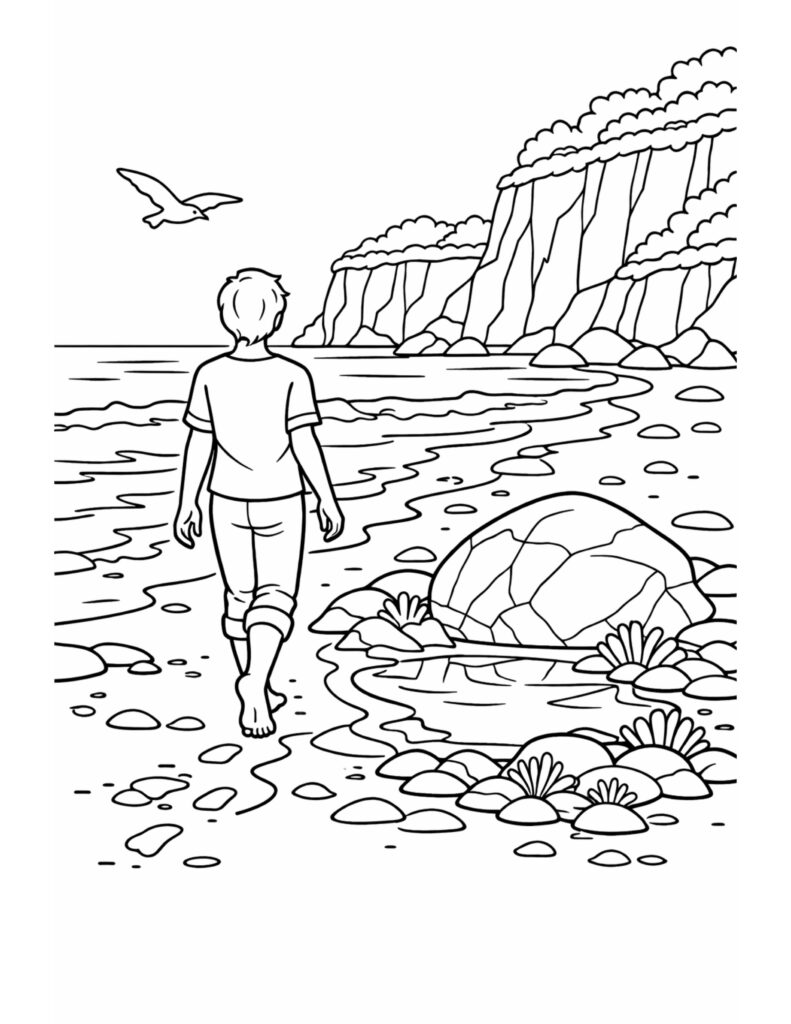 person walking along rocky beach coloring page with ocean shoreline, cliff rocks, and a flying seagull coloring page