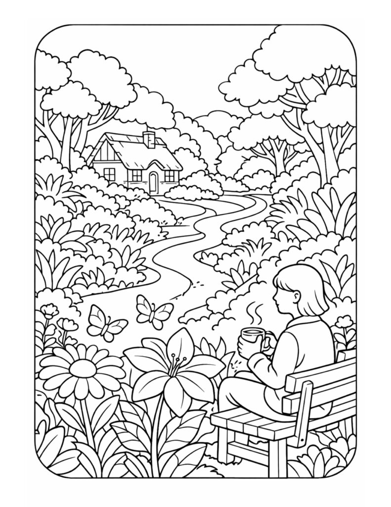person with mug on bench coloring page overlooking a winding path, cottage, and butterflies coloring page