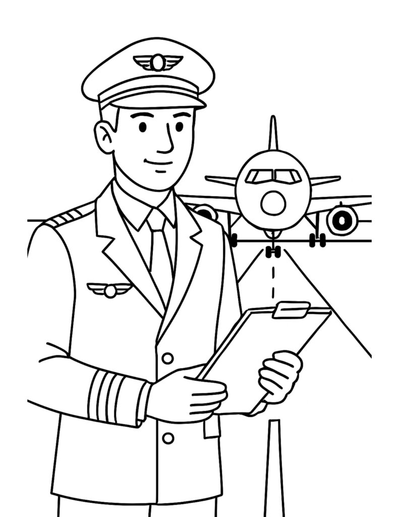 pilot holding checklist on runway coloring page with a smiling pilot and an airplane behind coloring page