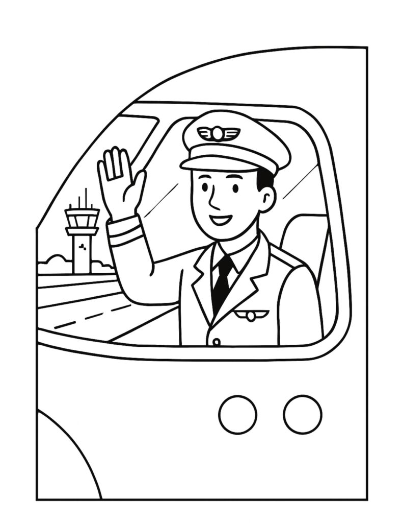 pilot waving from airplane window coloring page with a smiling pilot in the cockpit and control tower behind coloring page