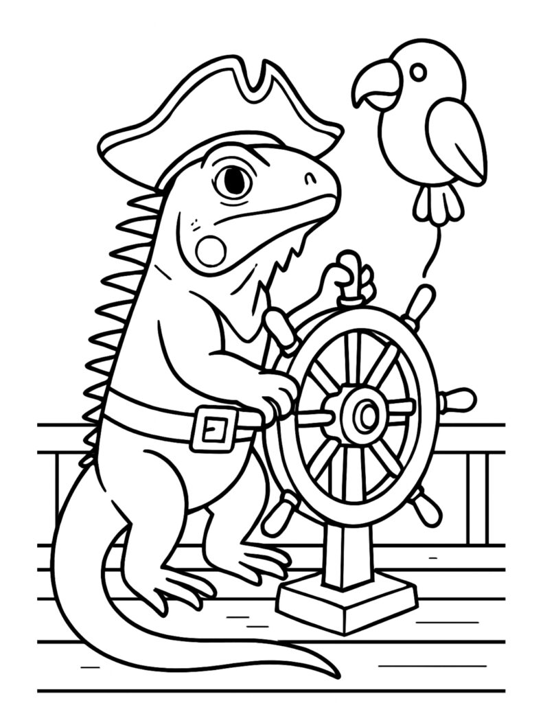 pirate lizard steering ship wheel coloring page with tricorn hat, ship helm, and parrot on deck coloring page