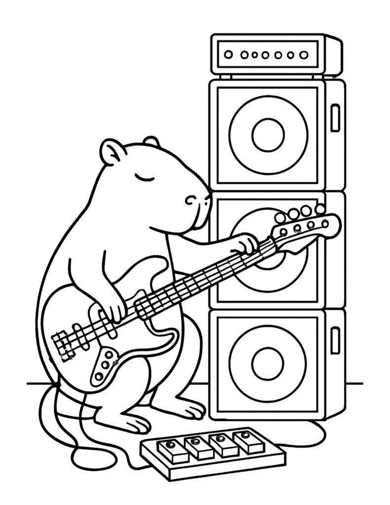 capybara playing bass guitar on stage coloring page with a cute capybara performing music coloring page