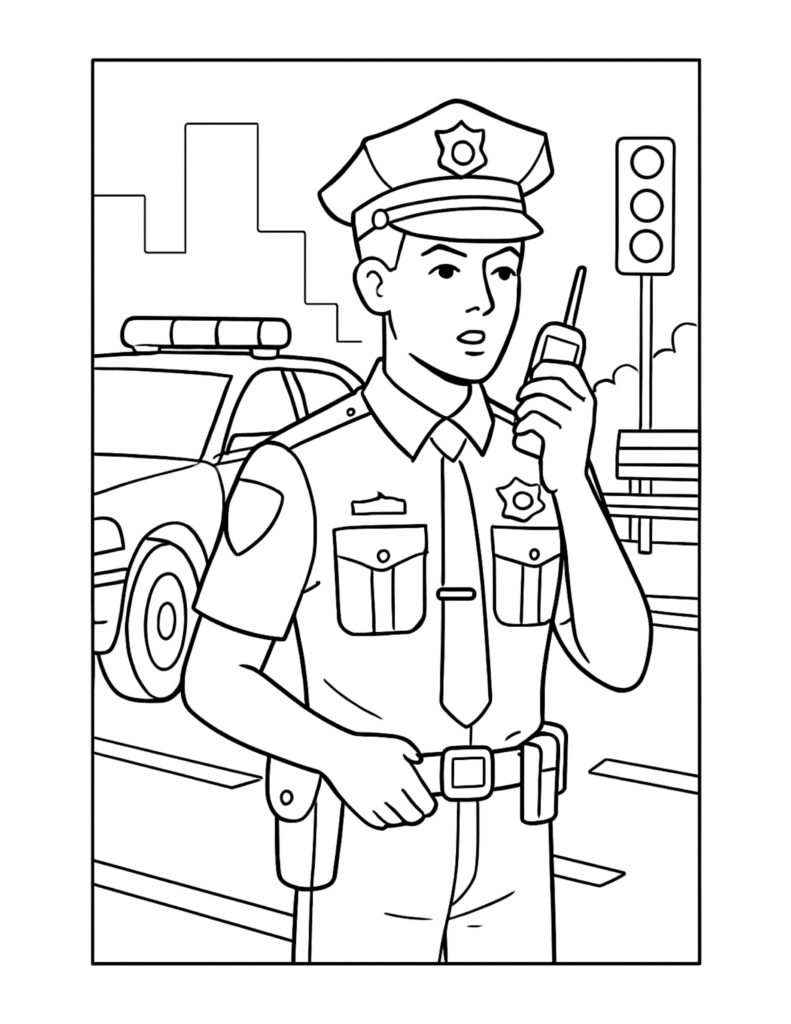 police officer using radio coloring page with a uniformed officer on the street and patrol car behind coloring page