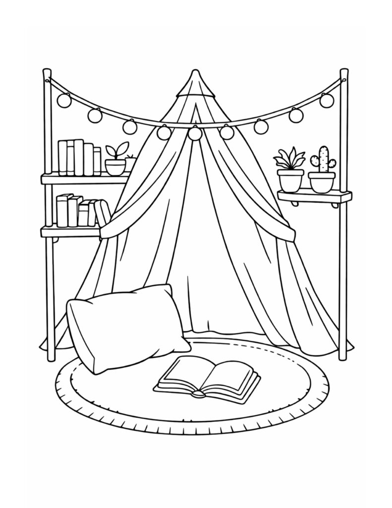 reading tent fairy lights coloring page with a canopy tent, bookshelves, plants, a pillow, and an open book