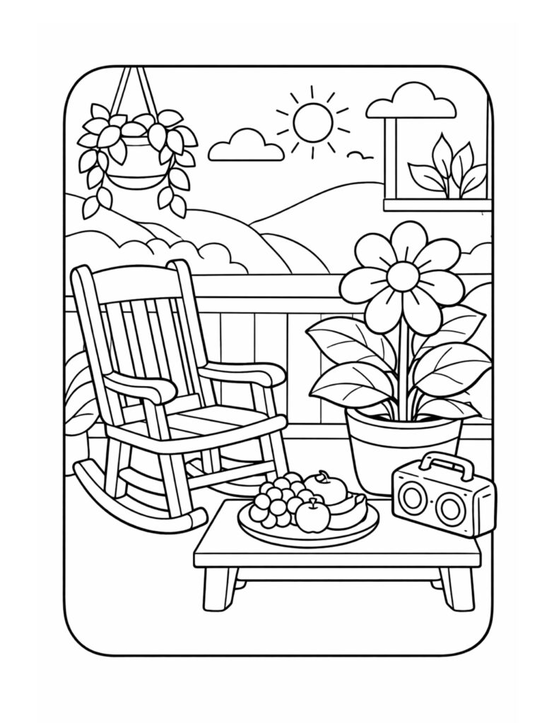 rocking chair porch snack table coloring page with fruit plate, radio, balcony plants, and sun coloring page