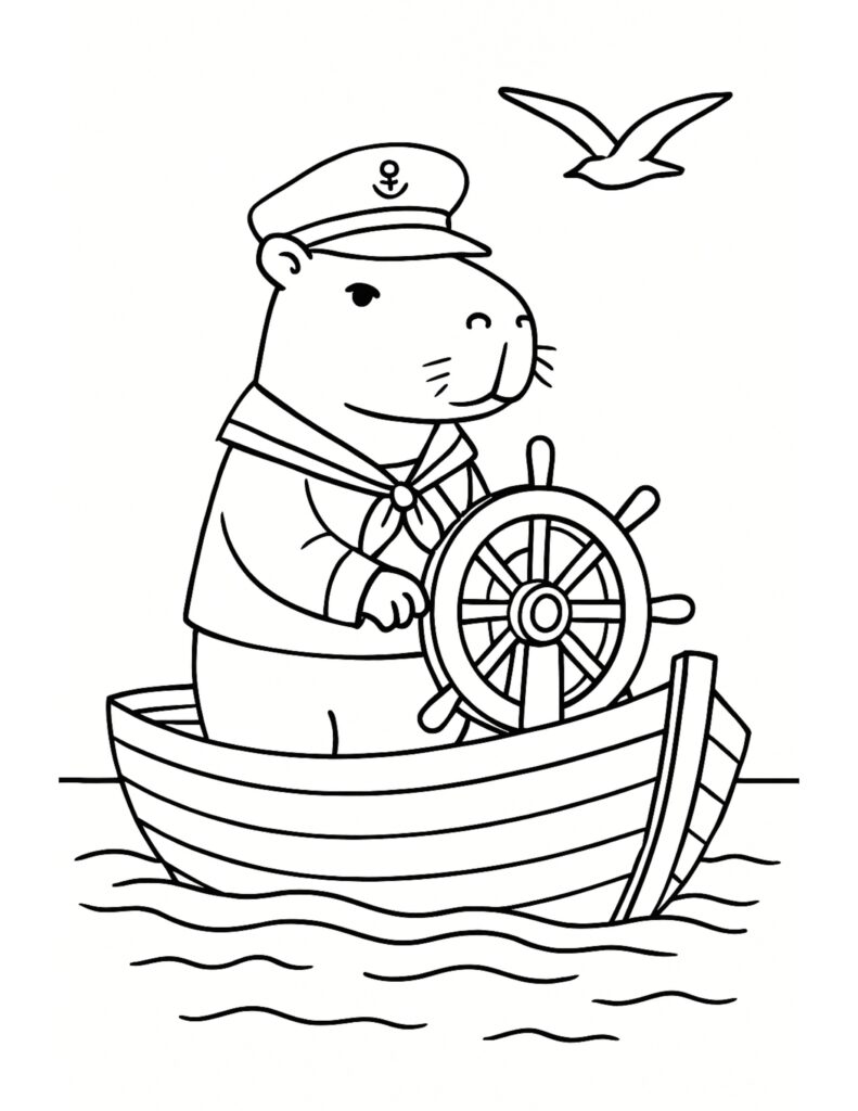 cute sailor capybara steering a boat coloring page with ocean waves and a seagull