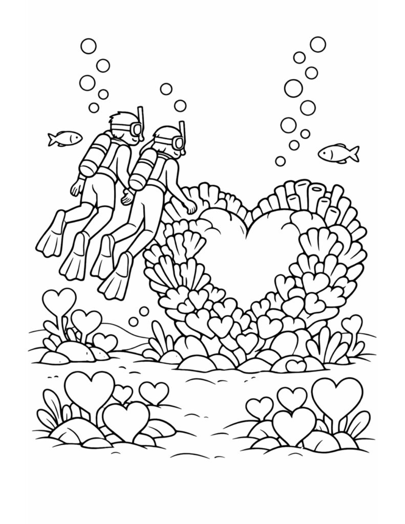 scuba divers exploring heart reef coloring page with bubbles, fish, and coral hearts coloring page