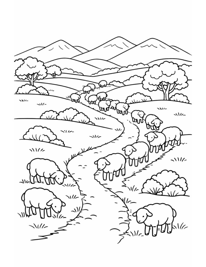 sheep walking along winding path coloring page, flock in rolling hills with mountains, coloring page