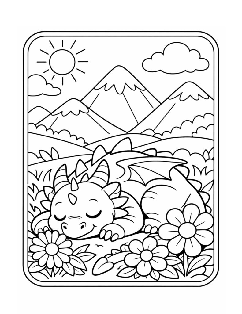 sleeping baby dragon in flowers coloring page with mountains, sun, clouds, and big daisies coloring page
