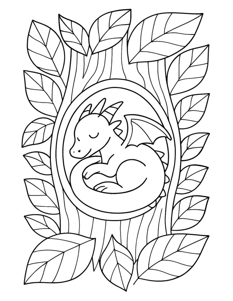 sleeping baby dragon tree hollow coloring page with a curled baby dragon inside a tree circle and big leafy frame