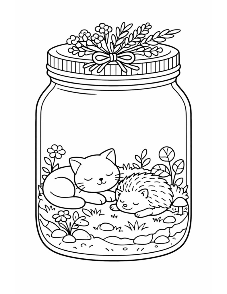 sleeping cat and hedgehog jar coloring page with flowers, leaves, and a bow on the lid, cozy terrarium coloring page