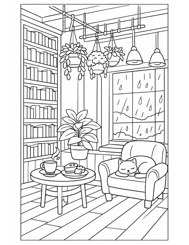 sleeping cat by rainy window coloring page with books, plants, coffee, and armchair coloring page