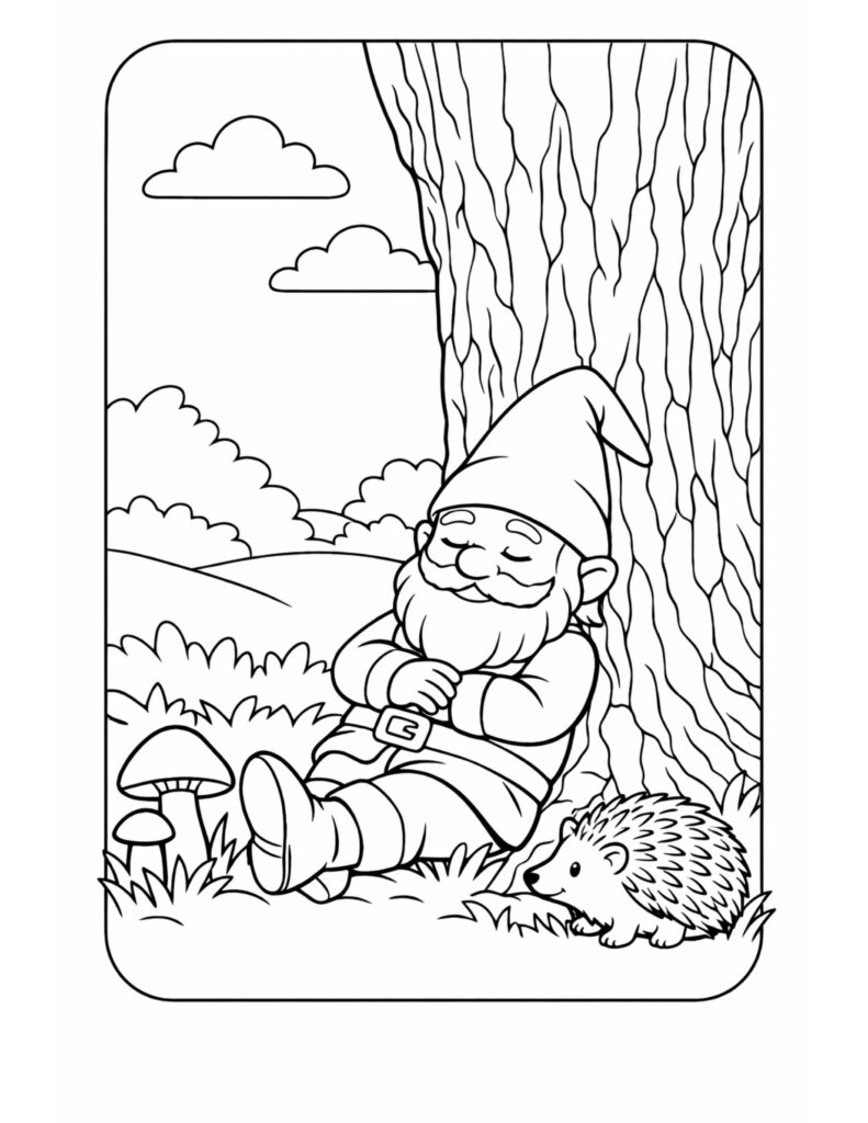 sleeping gnome with hedgehog coloring page, gnome resting by a big tree with mushrooms and clouds coloring page