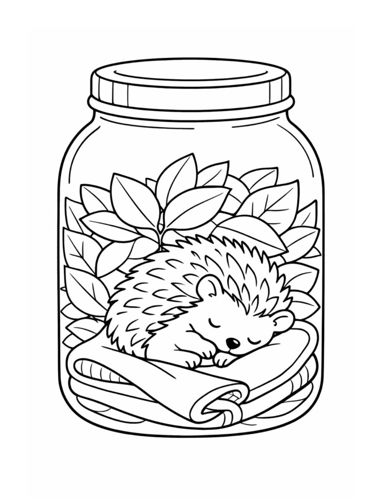 sleeping hedgehog on blanket jar coloring page with leafy background inside a glass jar, cozy line art coloring page
