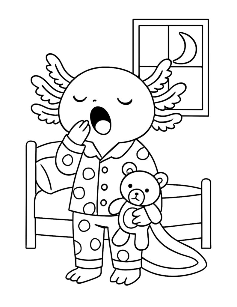 sleepy axolotl holding teddy bear coloring page in polka dot pajamas by a bed and moon window coloring page