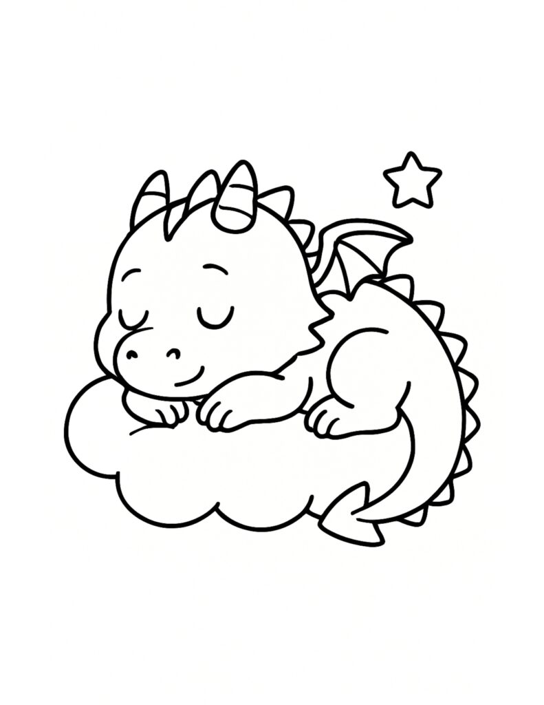 sleepy baby dragon on cloud coloring page, cute dragon napping on a fluffy cloud with a small star, coloring page